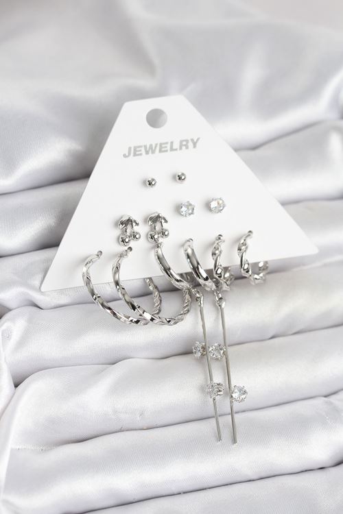 Gümüş Renk Pirinç 6'lı Kadın Küpe Seti