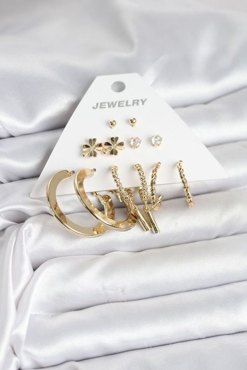 Pirinç Gold Renk 6 Çift Kadın Küpe Seti