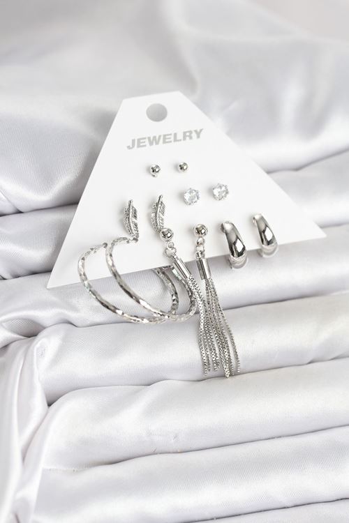 Gümüş Renk Pirinç 6 Çiftli Kadın Küpe Seti