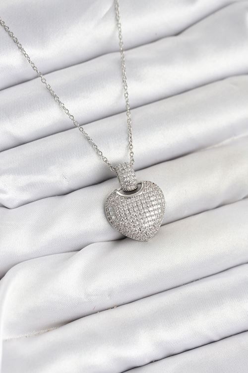 316L Çelik Zincir Gümüş Renk Zirkon Taşlı Kalpli Kadın Kolye