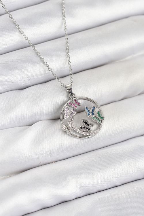 316L Çelik Zincir Gümüş Renk Zirkon Taşlı Kelebekli Kadın Kolye