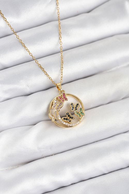 316L Çelik Zincir Gold Renk Zirkon Taşlı Kelebekli Kadın Kolye